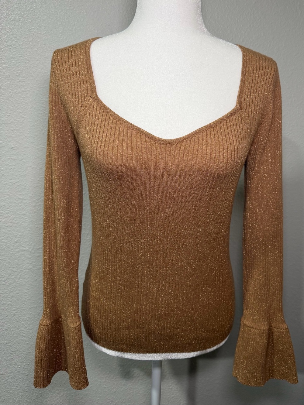 LOFT Shimmer Ribbed Knit Top | Size M | Bronze/Brown | Bell Sleeves